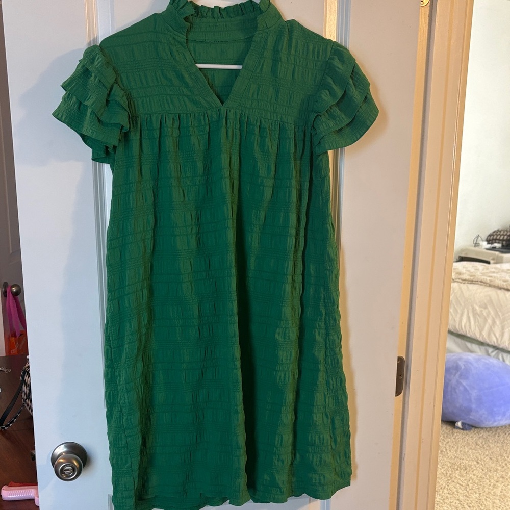 Green Ruffled Short Sleeve Dress